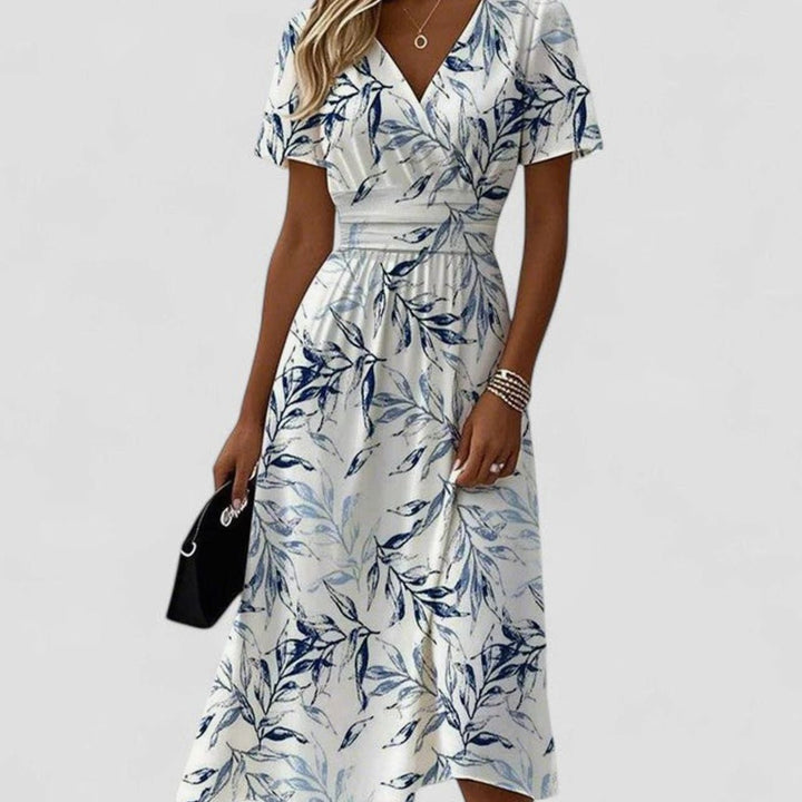 Women's Leaf Print V-Neck Short-Sleeve Elegant Dress Midi