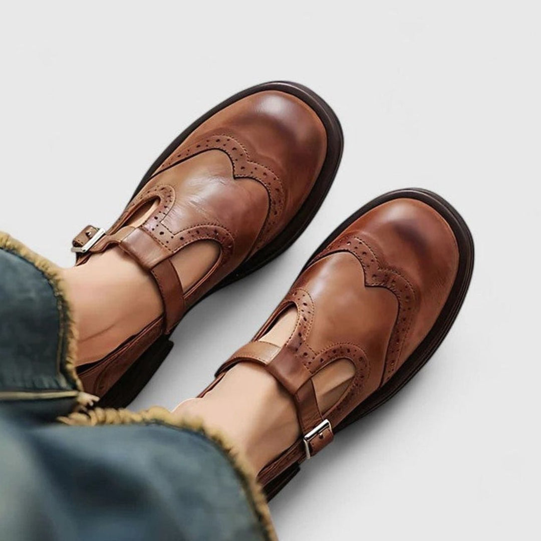Women's Leather Brogue T-Strap Buckle Flat Shoes - Brown