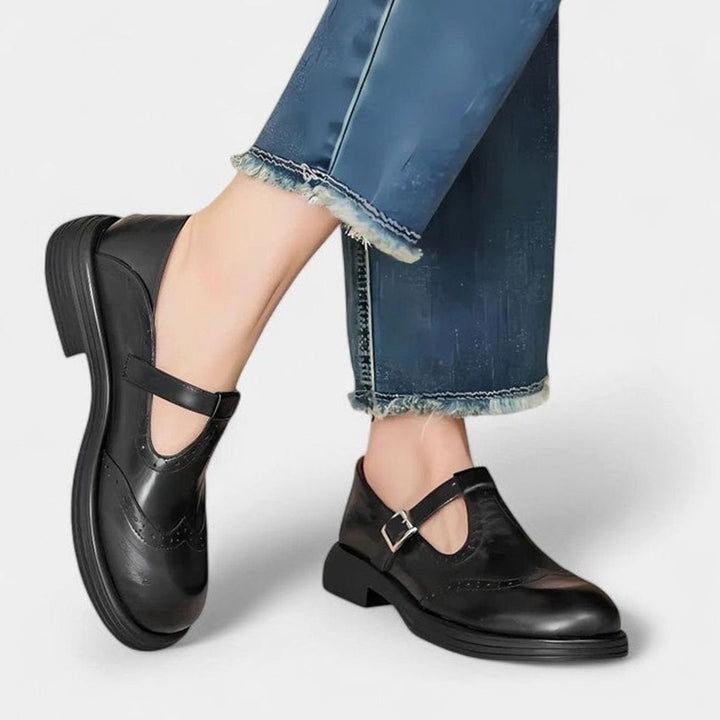 Women's Leather Brogue T-Strap Buckle Flat Shoes - Black
