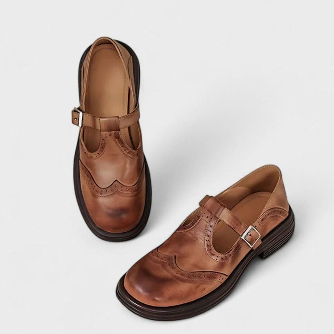 Women's Leather Brogue T-Strap Buckle Flat Shoes