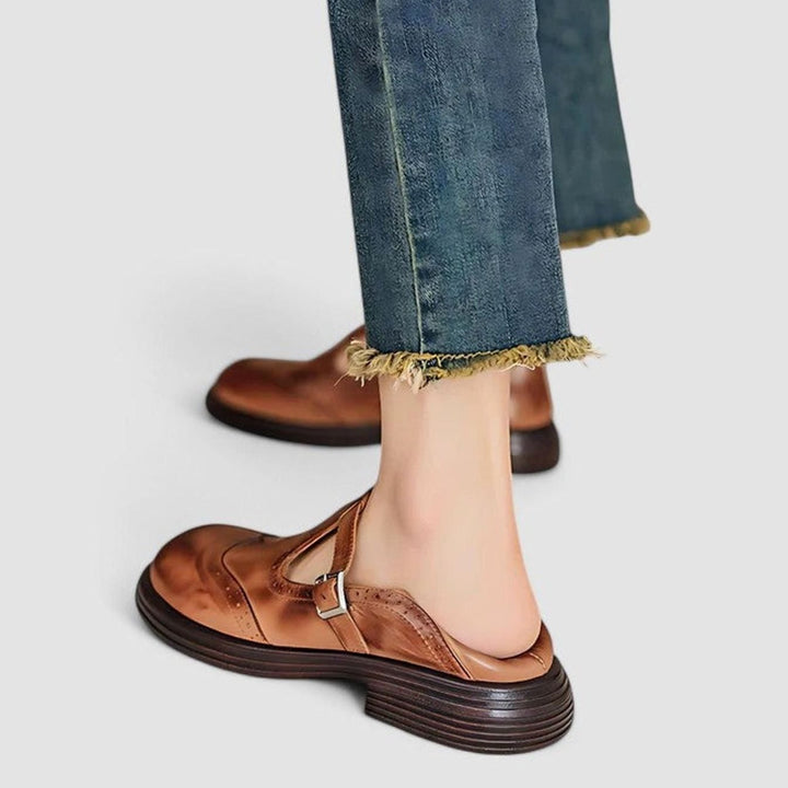 Women's Leather Brogue T-Strap Buckle Flat Shoes