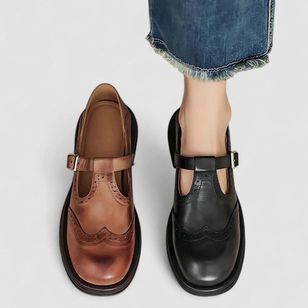 Women's Leather Brogue T-Strap Buckle Flat Shoes