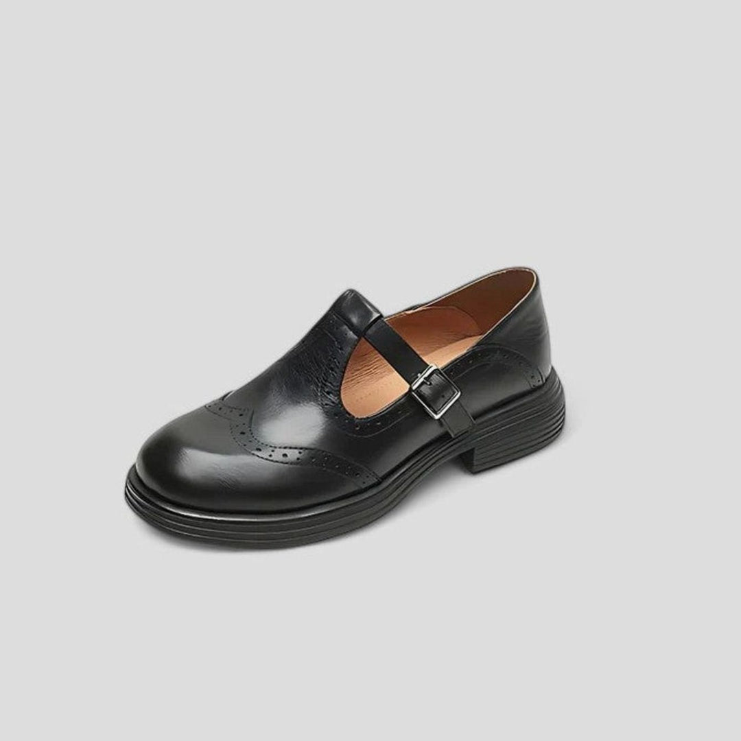 Women's Leather Brogue T-Strap Buckle Flat Shoes