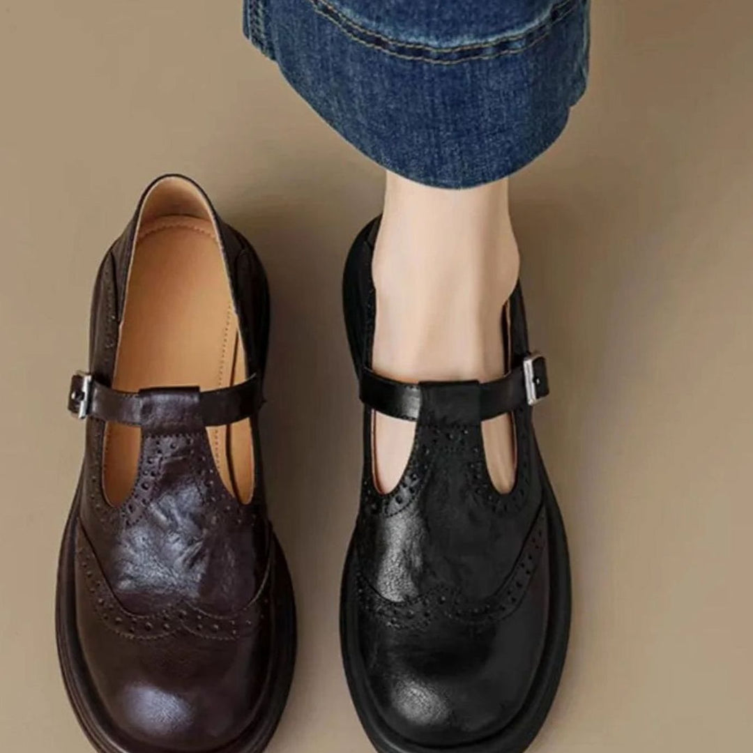Women's Leather Brogue T-Strap Mary Jane Flats