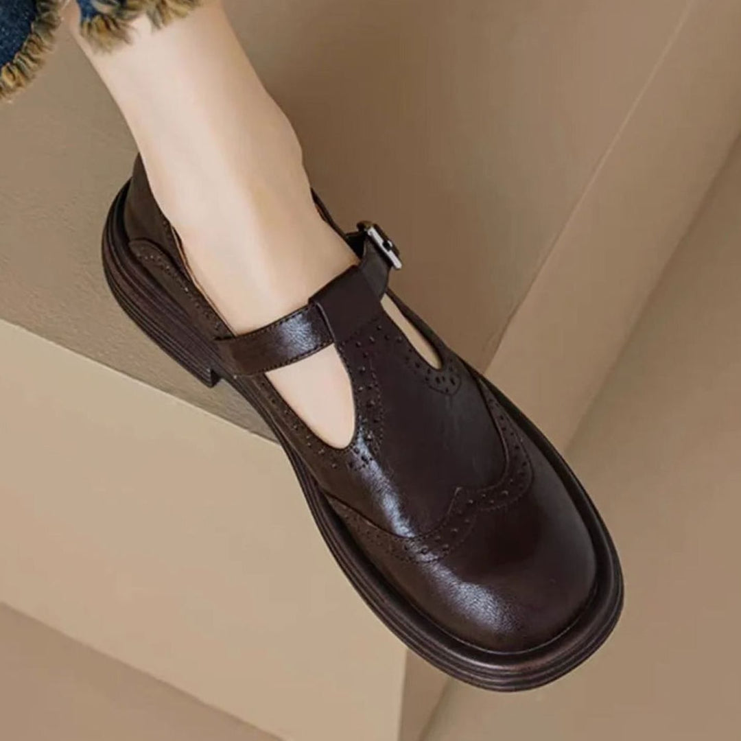Women's Leather Brogue T-Strap Mary Jane Flats - Brown