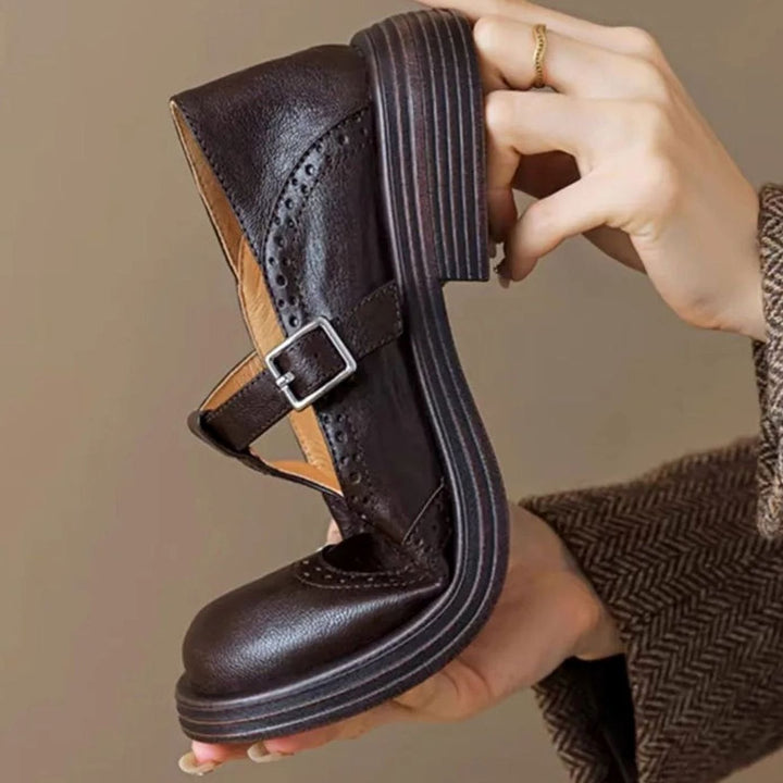 Women's Leather Brogue T-Strap Mary Jane Flats