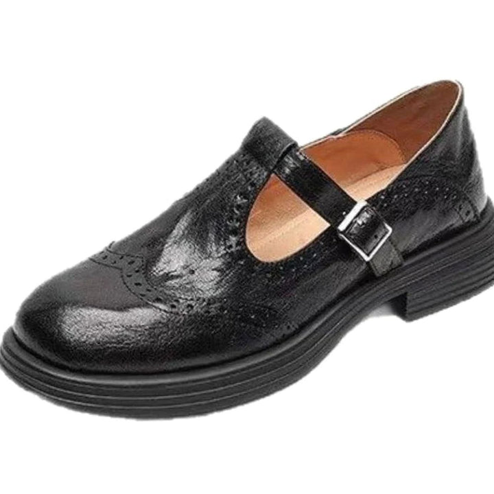 Women's Leather Brogue T-Strap Mary Jane Flats