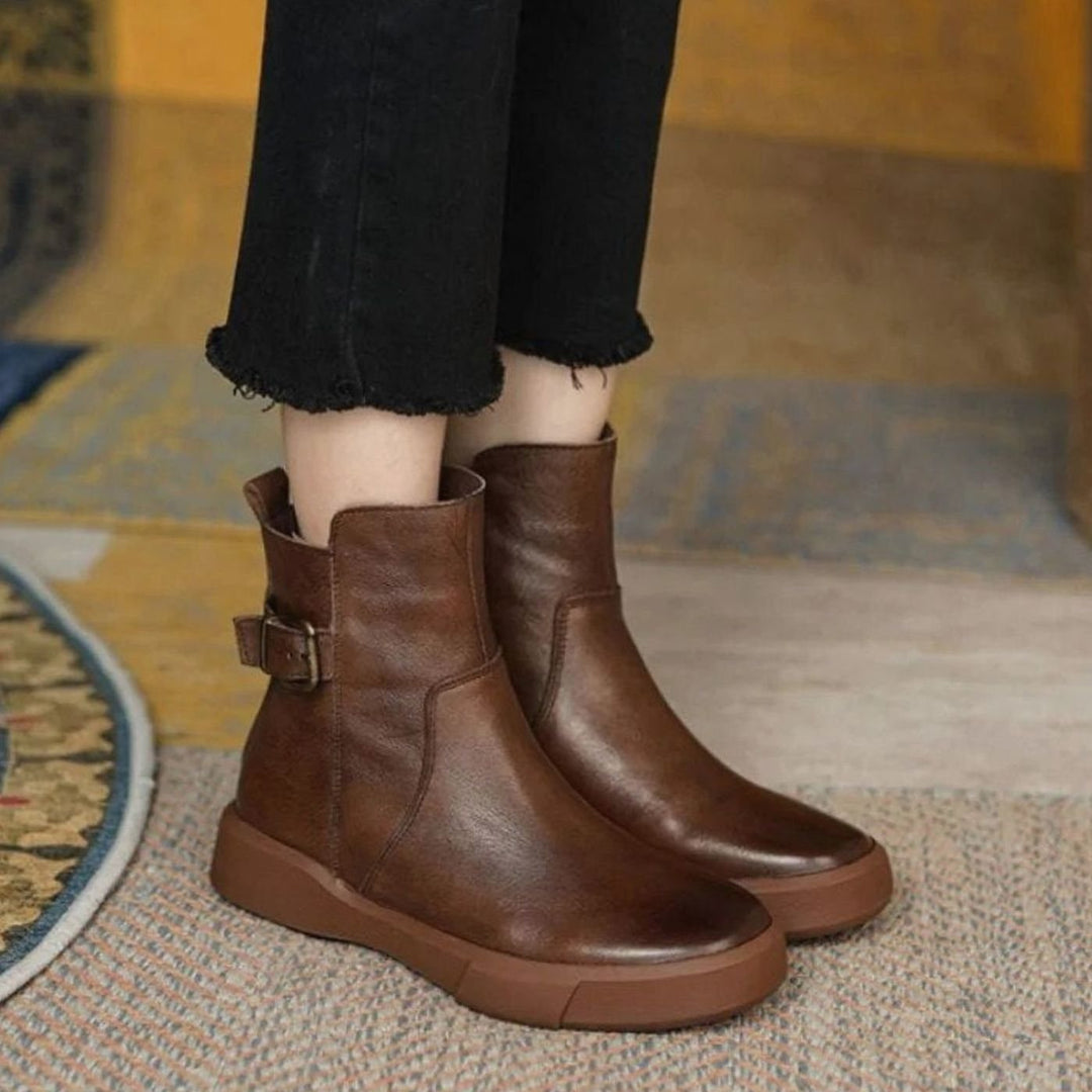 Women's Leather Buckle-Strap Flatform Ankle Boots - Brown