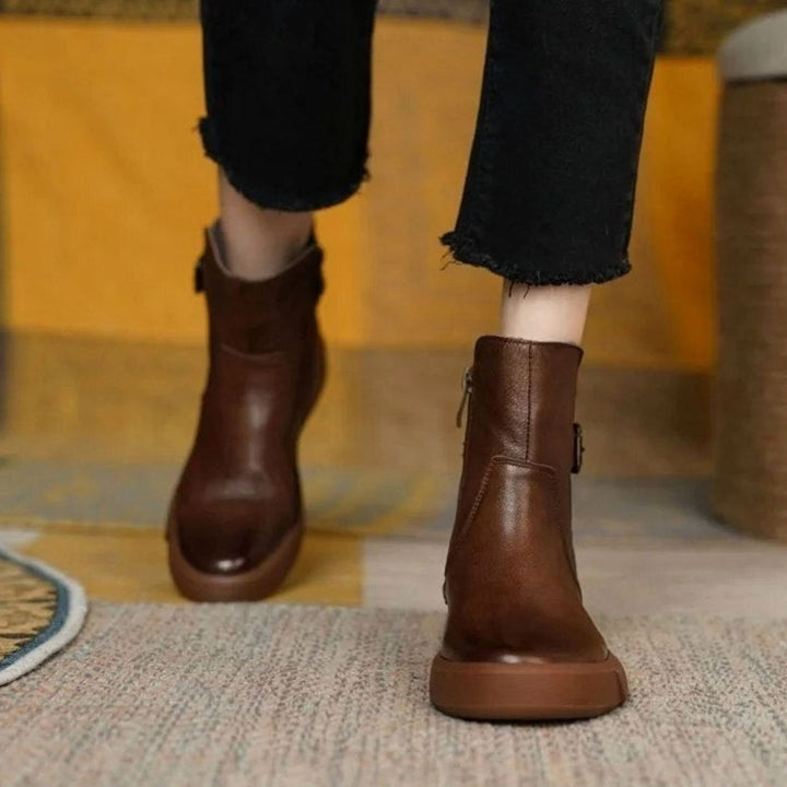 Women's Leather Buckle-Strap Flatform Ankle Boots