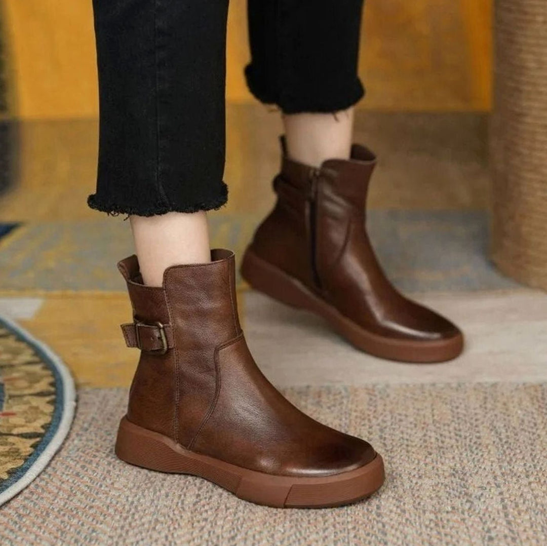 Women's Leather Buckle-Strap Flatform Ankle Boots