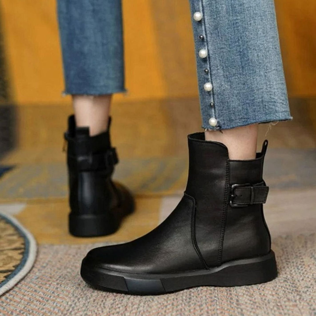 Women's Leather Buckle-Strap Flatform Ankle Boots