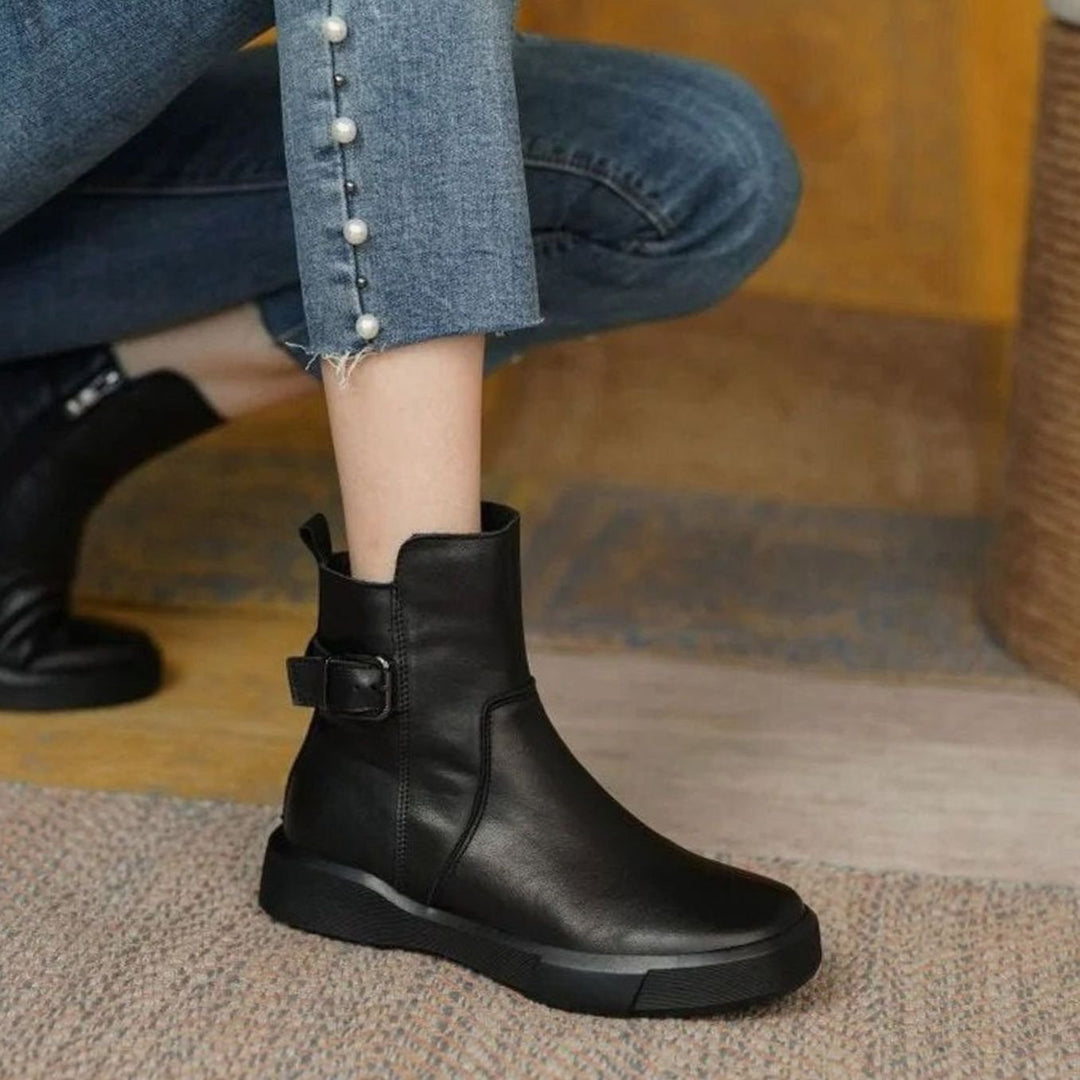 Women's Leather Buckle-Strap Flatform Ankle Boots