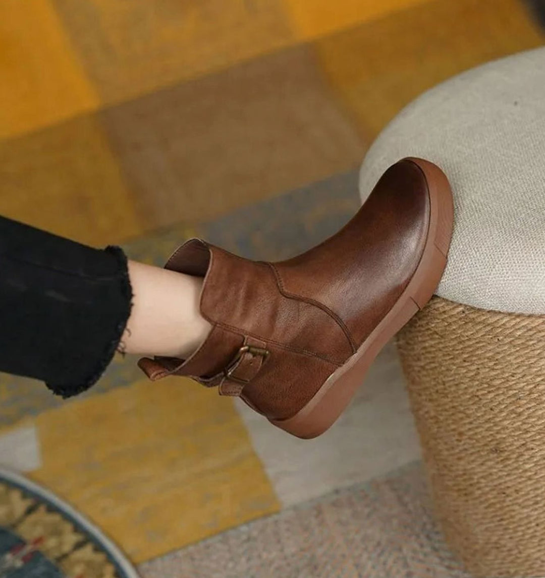 Women's Leather Buckle-Strap Flatform Ankle Boots