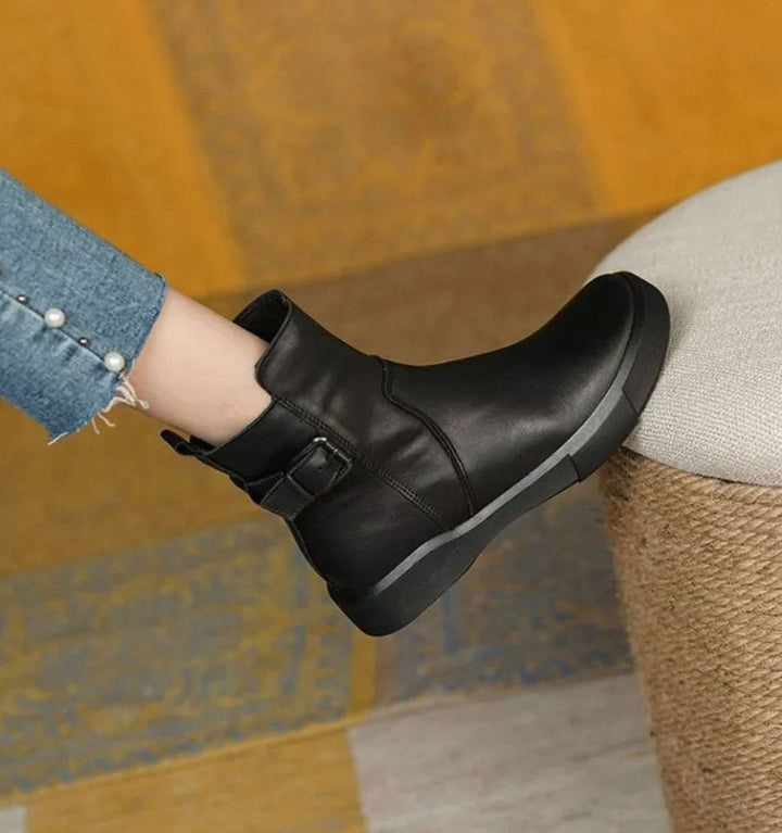 Women's Leather Buckle-Strap Flatform Ankle Boots