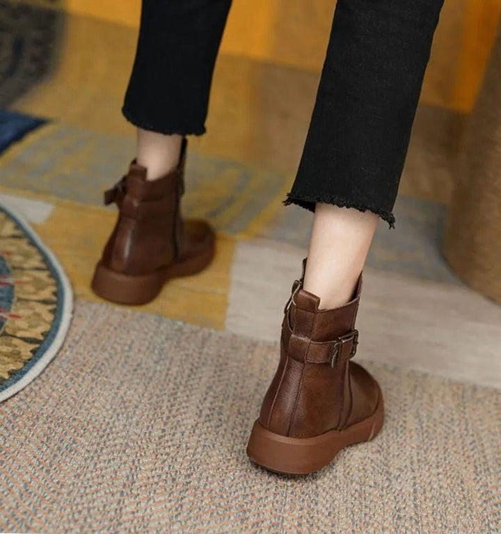 Women's Leather Buckle-Strap Flatform Ankle Boots
