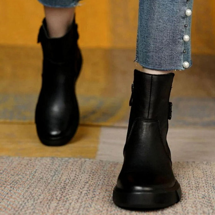 Women's Leather Buckle-Strap Flatform Ankle Boots - Black