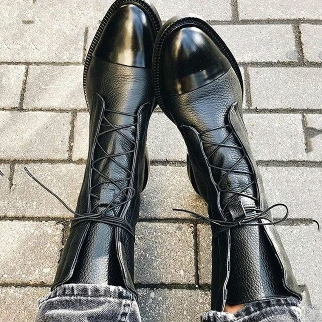 Women's Leather Lace-Up Ankle Boots - Black