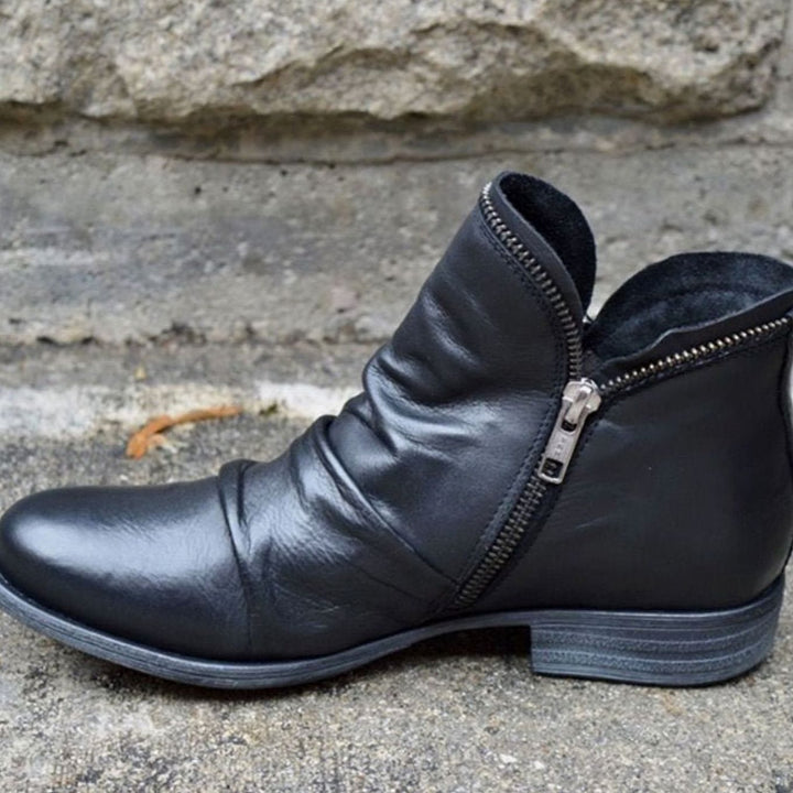 Women's Leather Ruched Side-Zip Ankle Boots - Black