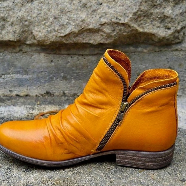 Women's Leather Ruched Side-Zip Ankle Boots - Yellow