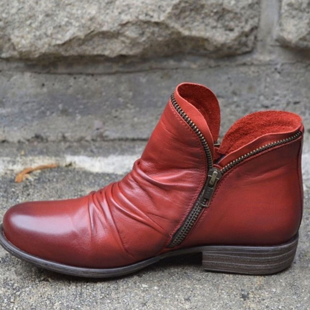 Women's Leather Ruched Side-Zip Ankle Boots - Red