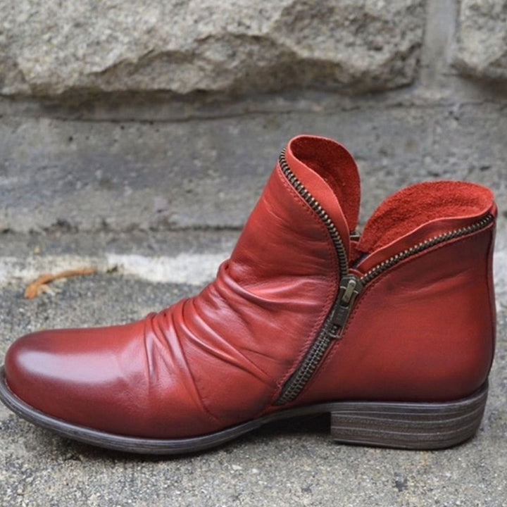 Women's Leather Ruched Side-Zip Ankle Boots - Red