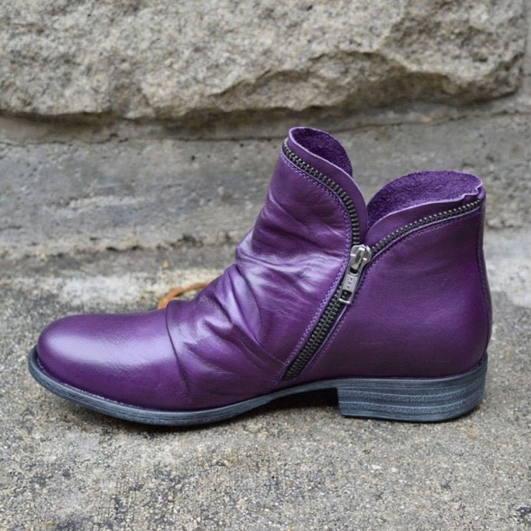 Women's Leather Ruched Side-Zip Ankle Boots - Purple