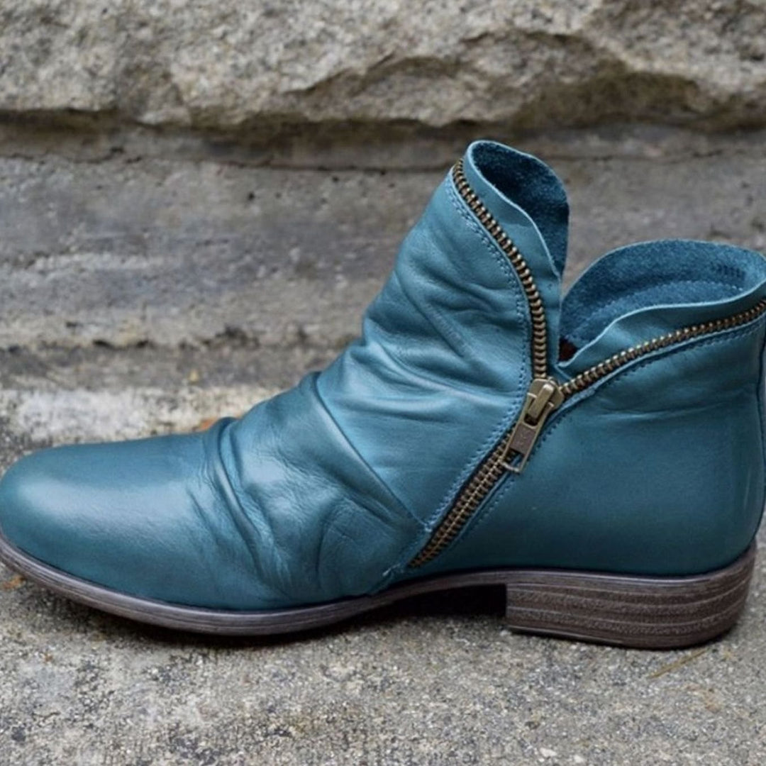 Women's Leather Ruched Side-Zip Ankle Boots - Blue