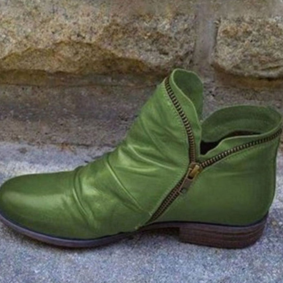Women's Leather Ruched Side-Zip Ankle Boots - Green