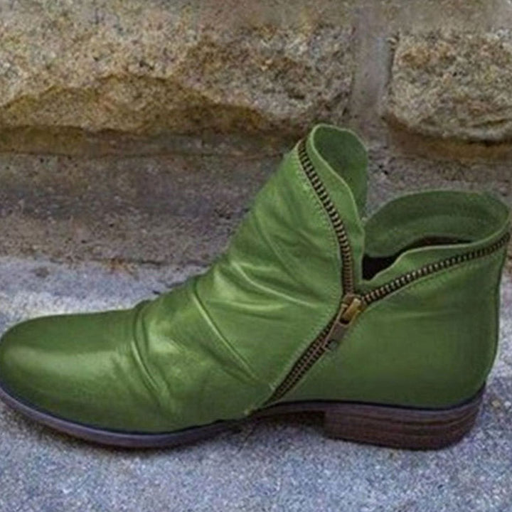 Women's Leather Ruched Side-Zip Ankle Boots - Green