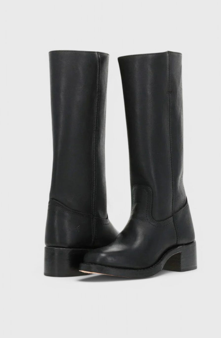 Women's Leather Stacked-Heel Knee-High Boots - Black