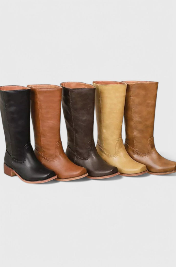 Women's Leather Stacked-Heel Knee-High Boots