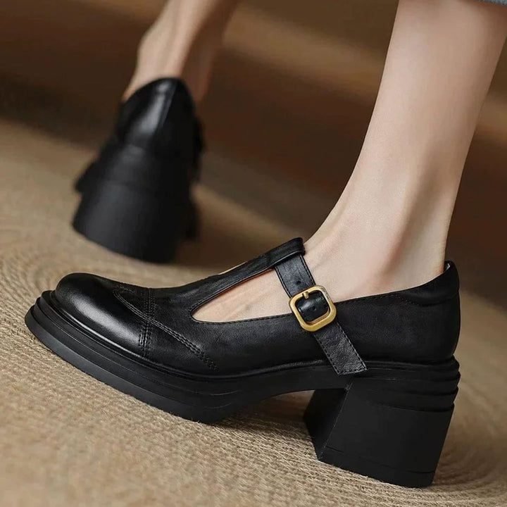 Women's Leather T-Strap Block Heel Buckle Pumps - Black
