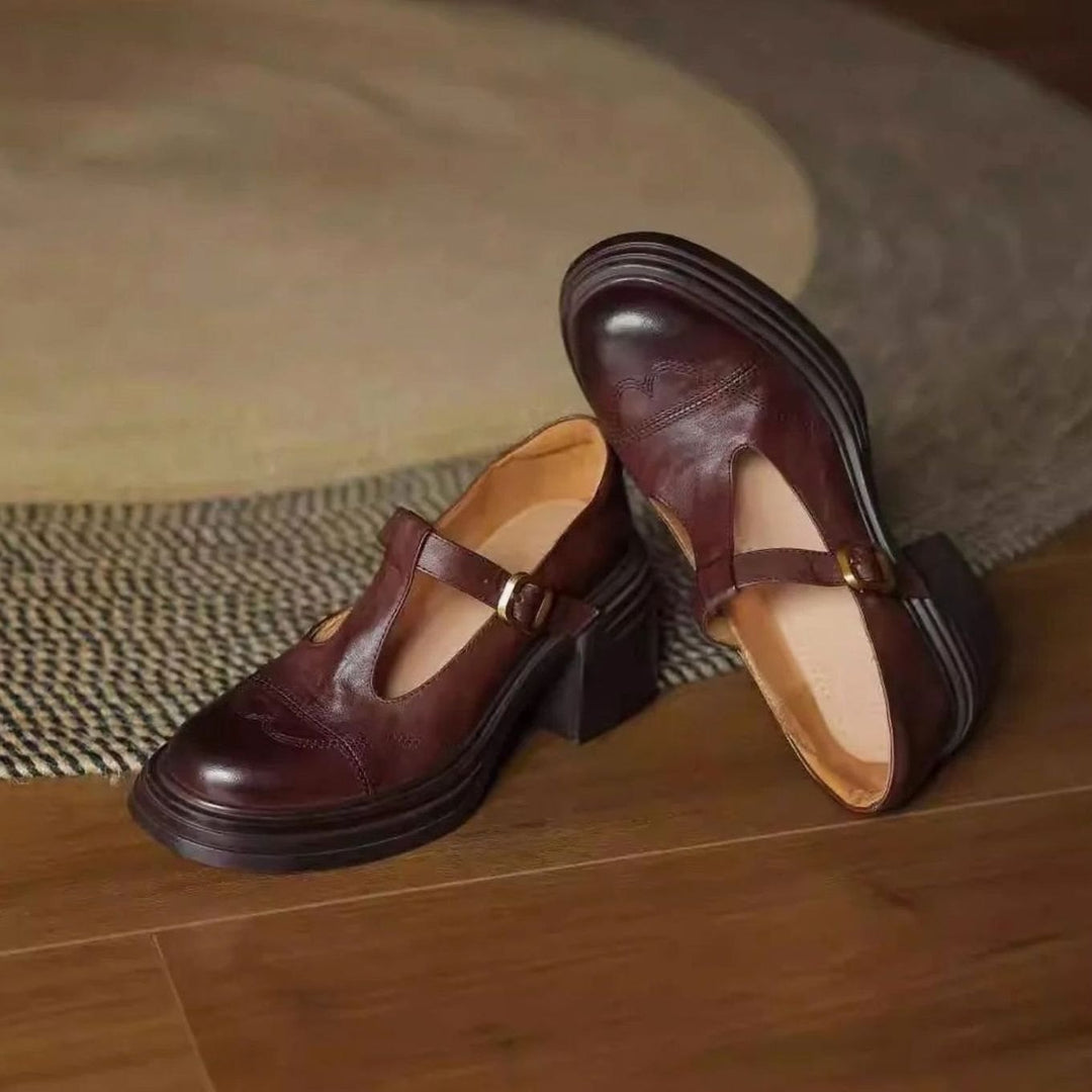 Women's Leather T-Strap Block Heel Buckle Pumps - Brown