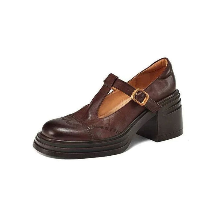 Women's Leather T-Strap Block Heel Buckle Pumps