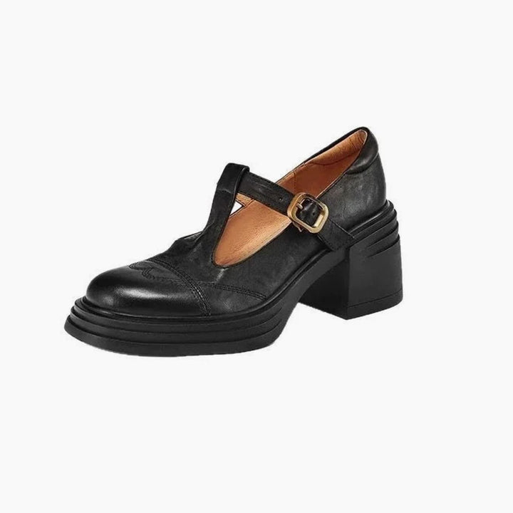 Women's Leather T-Strap Block Heel Buckle Pumps
