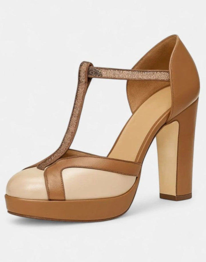 Women's Leather T-Strap Platform Sophisticated Heels