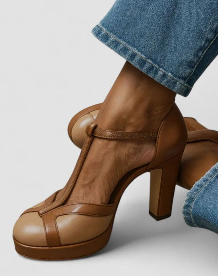 Women's Leather T-Strap Platform Sophisticated Heels - Brown