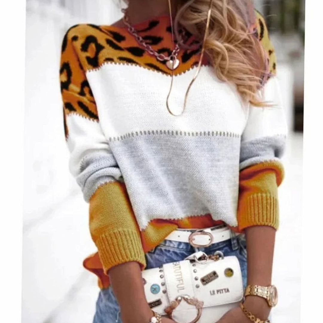 Women's Leopard Print Color Block Crewneck Knit Sweater - Yellow
