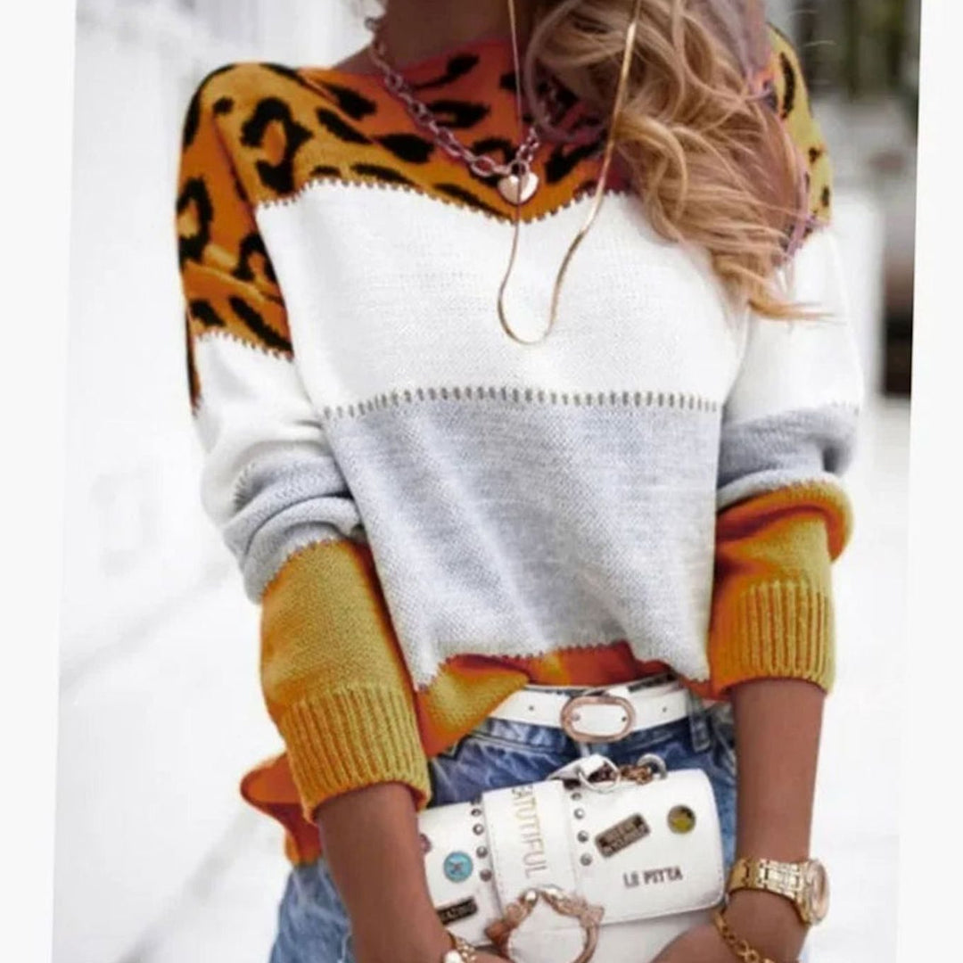 Women's Leopard Print Color Block Crewneck Knit Sweater