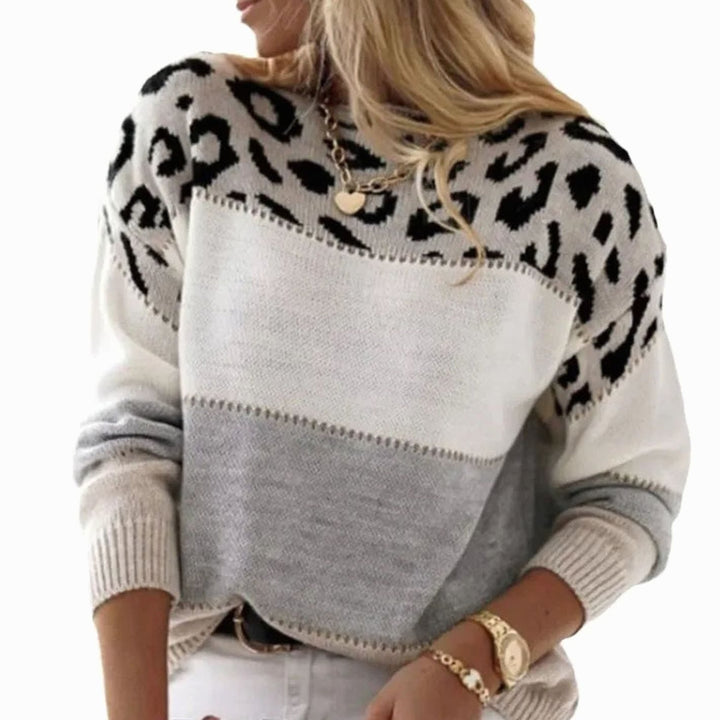 Women's Leopard Print Color Block Crewneck Knit Sweater