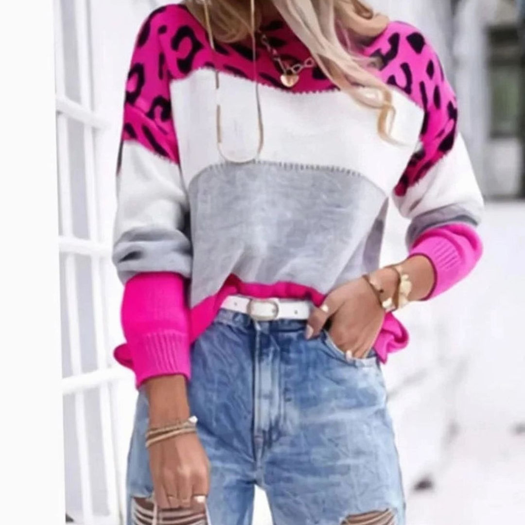 Women's Leopard Print Color Block Crewneck Knit Sweater - Rose Red