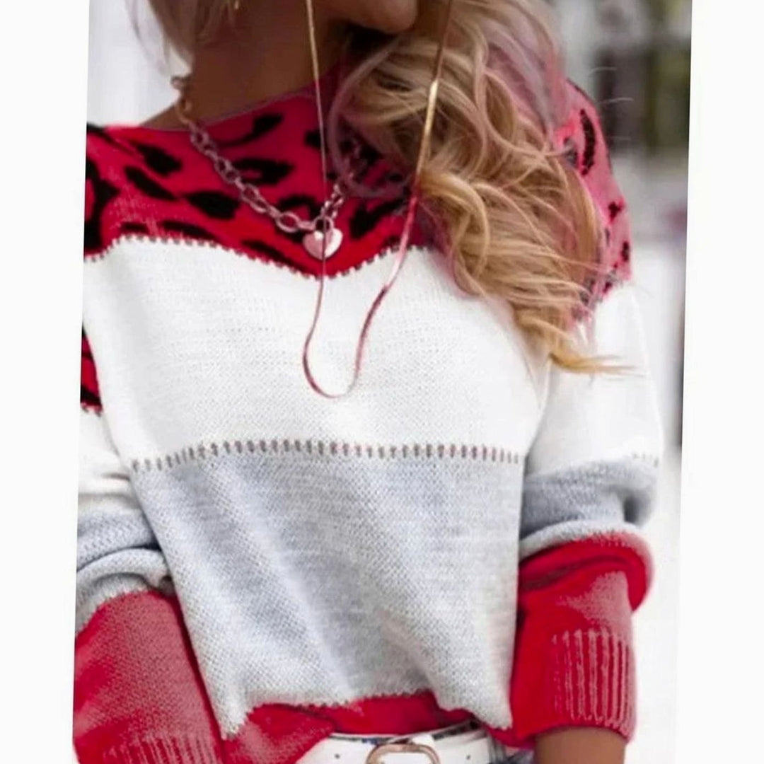 Women's Leopard Print Color Block Crewneck Knit Sweater - Red