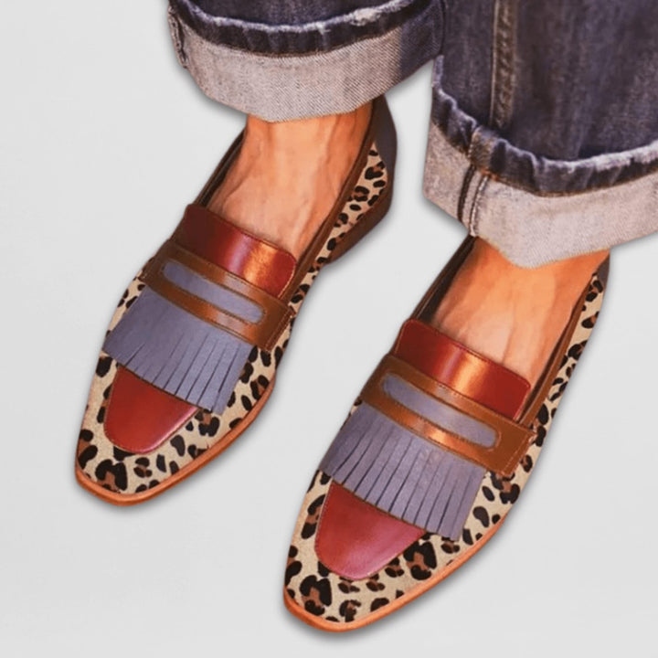 Women's Leopard Print Fringe-Detail Flat Leather Loafers - Brown