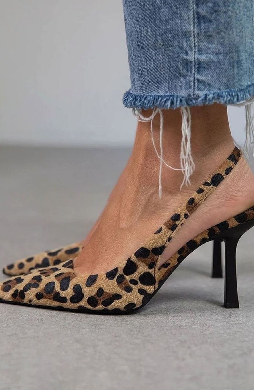 Women's Leopard-Print Pointed-Toe Slingback Stiletto Heels - Tan
