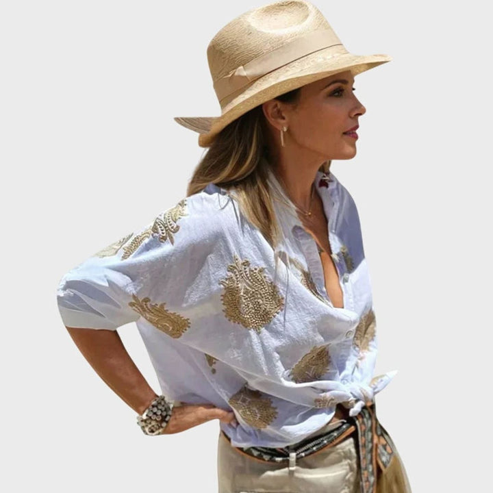 Women's Lightweight Gold Embroidered Chic Blouse Relaxed Button-Down Shirt - White
