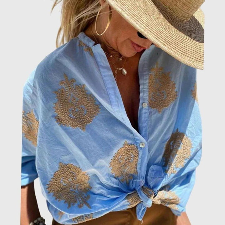 Women's Lightweight Gold Embroidered Chic Blouse Relaxed Button-Down Shirt - Blue