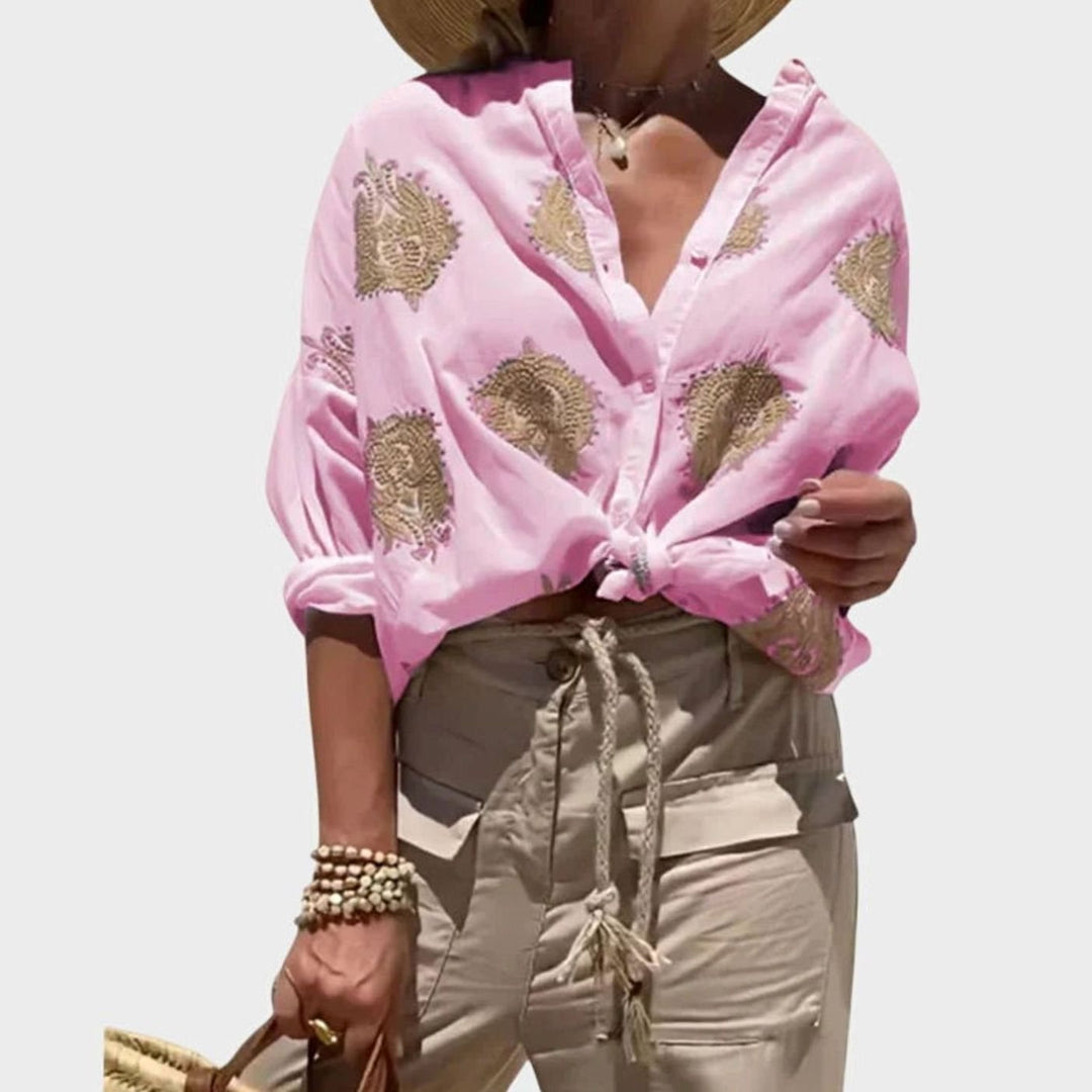 Women's Lightweight Gold Embroidered Chic Blouse Relaxed Button-Down Shirt - Pink