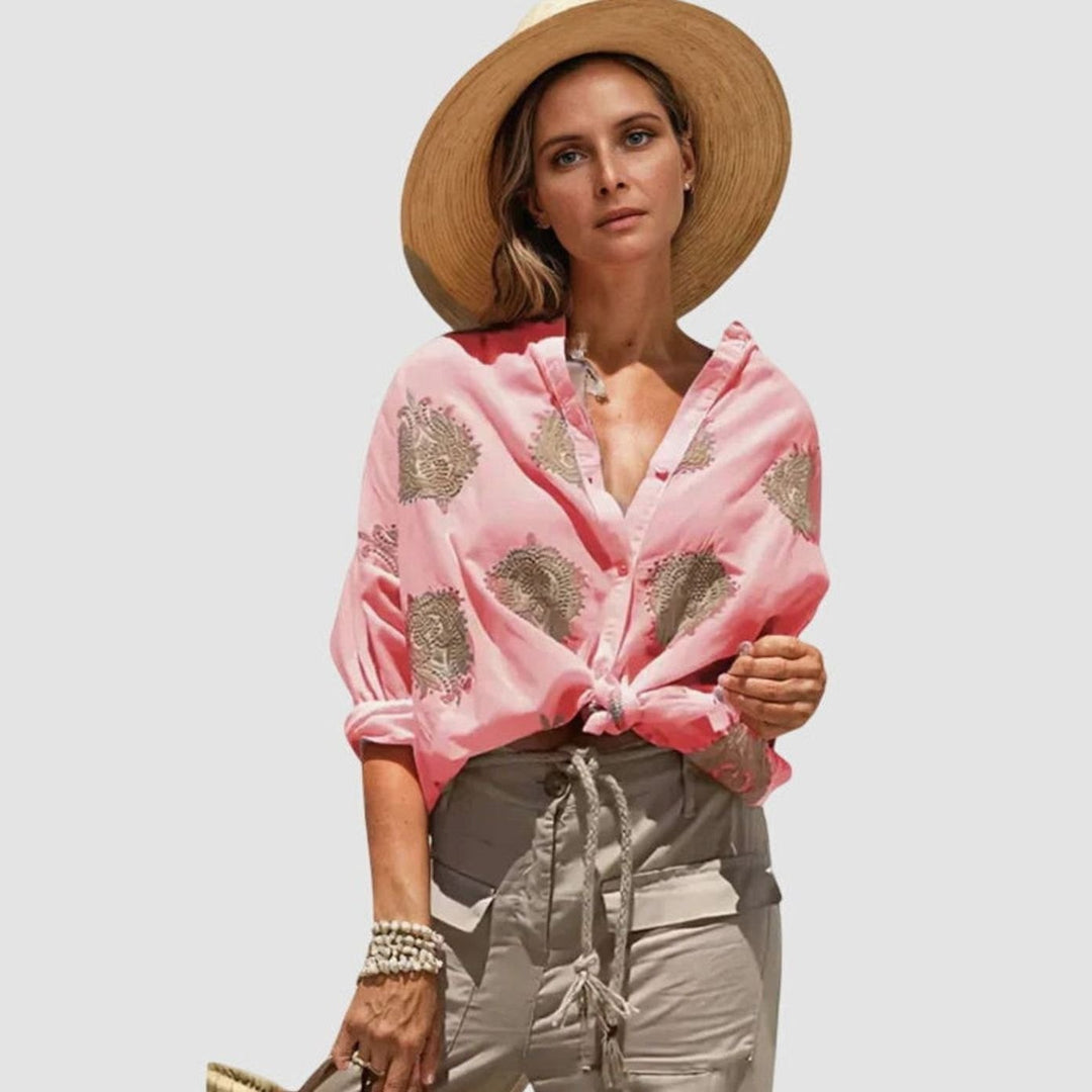 Women's Lightweight Gold Embroidered Chic Blouse Relaxed Button-Down Shirt - Red
