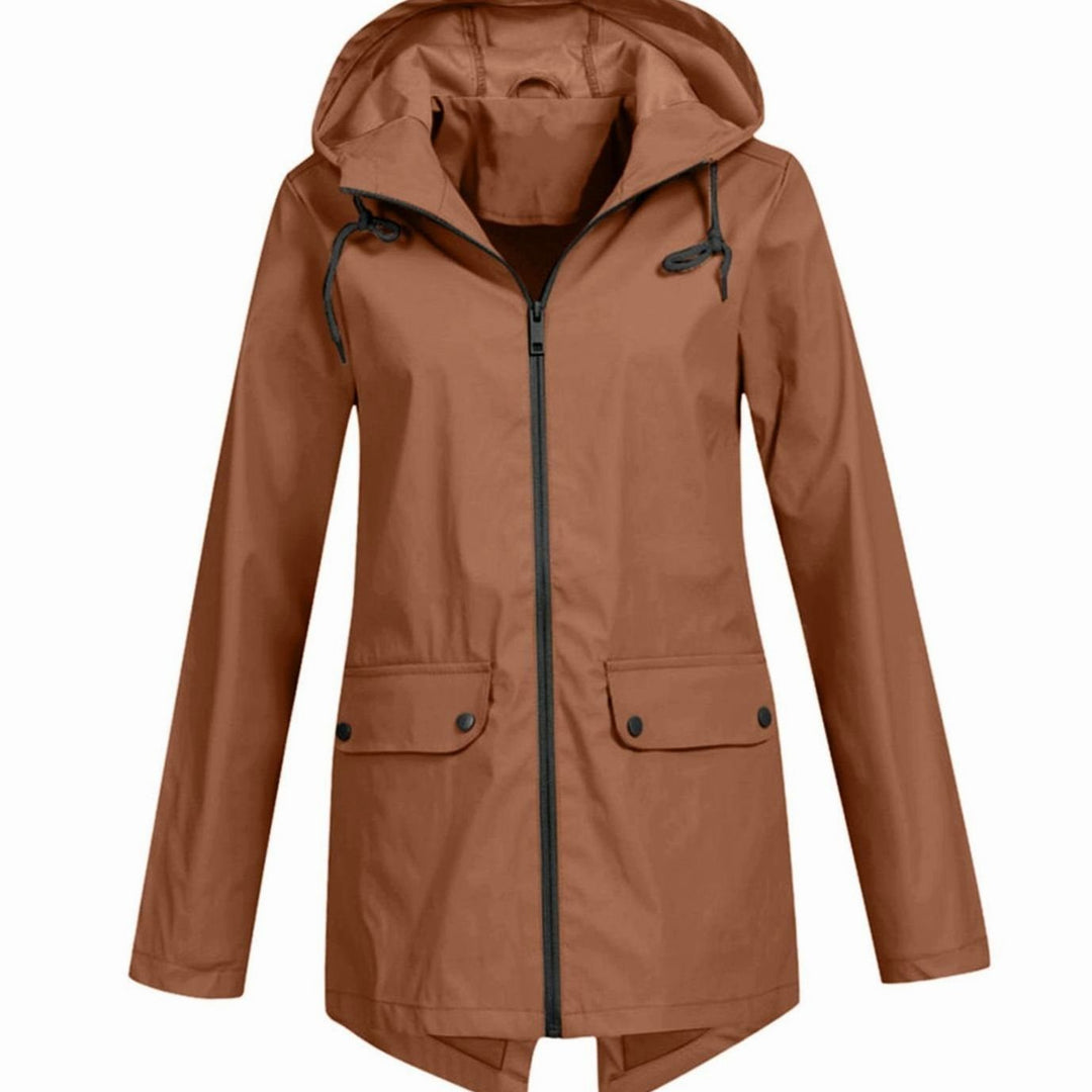 Women's Lightweight Hooded Zip-Up Water-Resistant Rain Jacket - Coffee