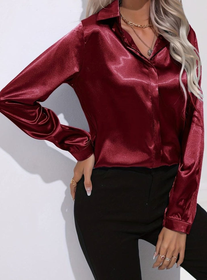 Women's Long Sleeve Button-Down Satin Blouses - Dark Red